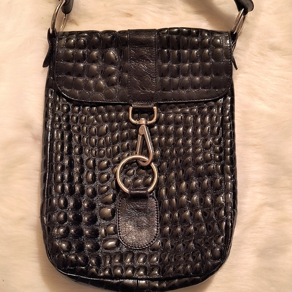 THE TREND Crossbody Bag Purse Croc Embossed black Leather ITALY. - Picture 2 of 11